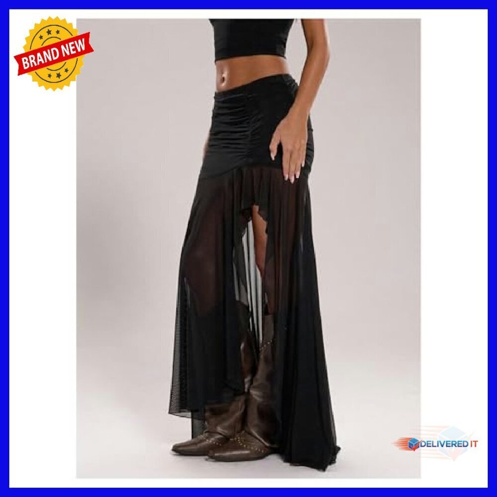 Sheer Mesh Pleated Maxi Skirt Split Thigh Asymmetrical Bodycon - Picture 4 of 6
